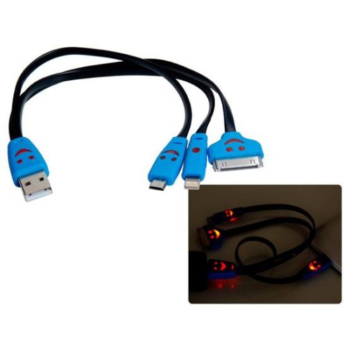 USB 3-in-1 Smiley Face LED Flashing Flat Charging Data Cable for iPhone, iPad & Samsung
