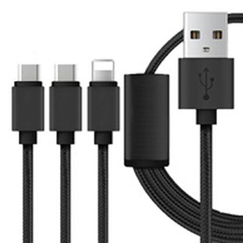 USB kábel töltő, Data 3 az 1-ben ( 1 X 8 Pin, iPhone, 2 X micro ) Szövet bevonattal, 1m No Box